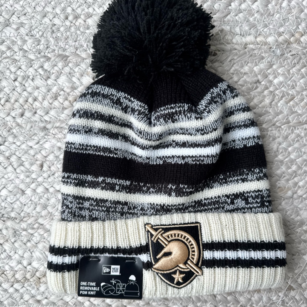 Army Black and White Striped Beanie with Pom